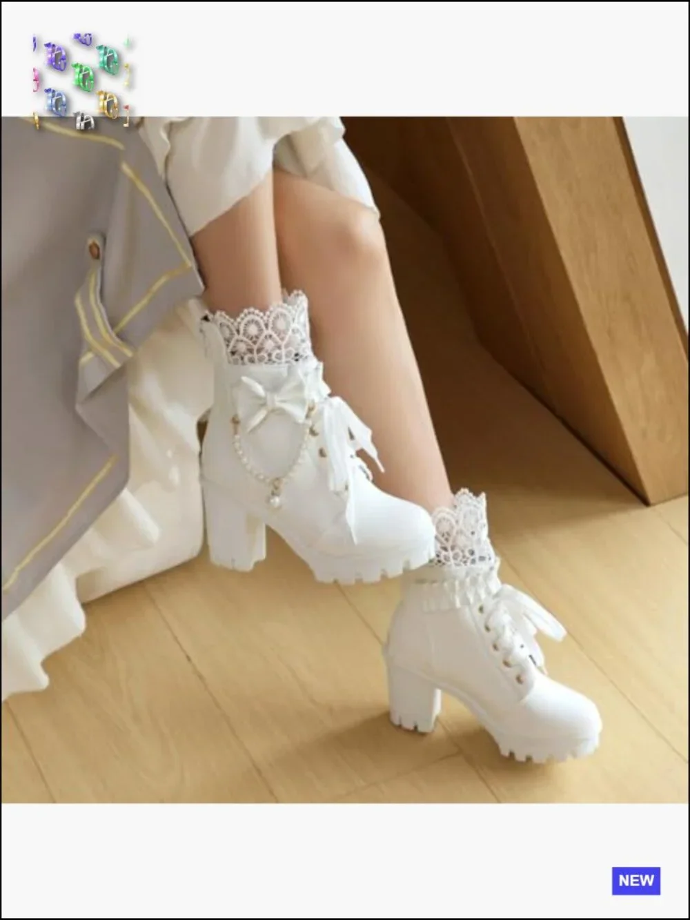 Platform Ankle Boots with Lace Pearl Chain Bow Chunky High Heel Goth Combat